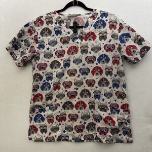 UA Scrubs Women Small Patriotic Dog Print V Neck Scrub Top Red White Blue Pocket